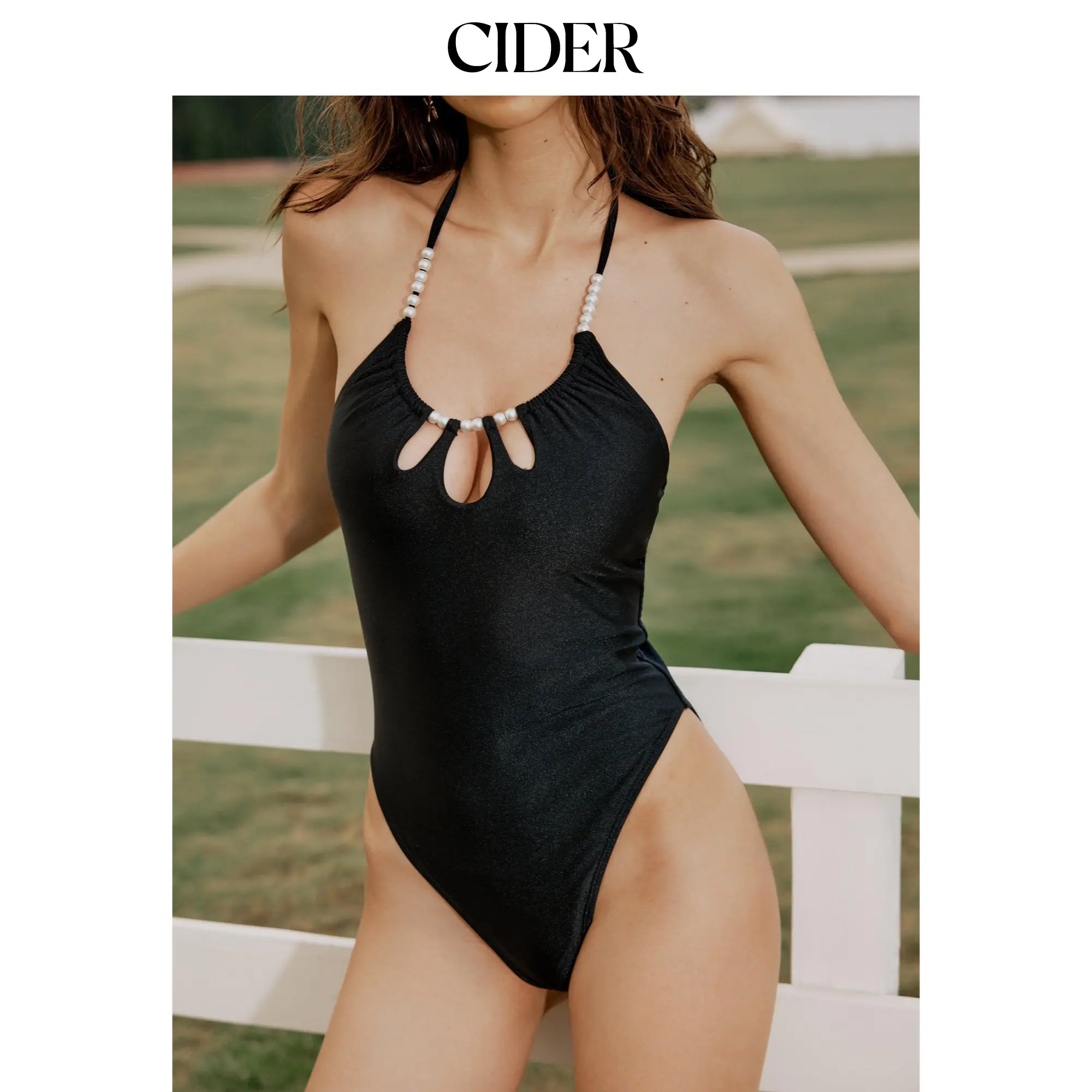 Cider Shaping Halter Neckline Beaded Cut Out One Piece Swimsuit