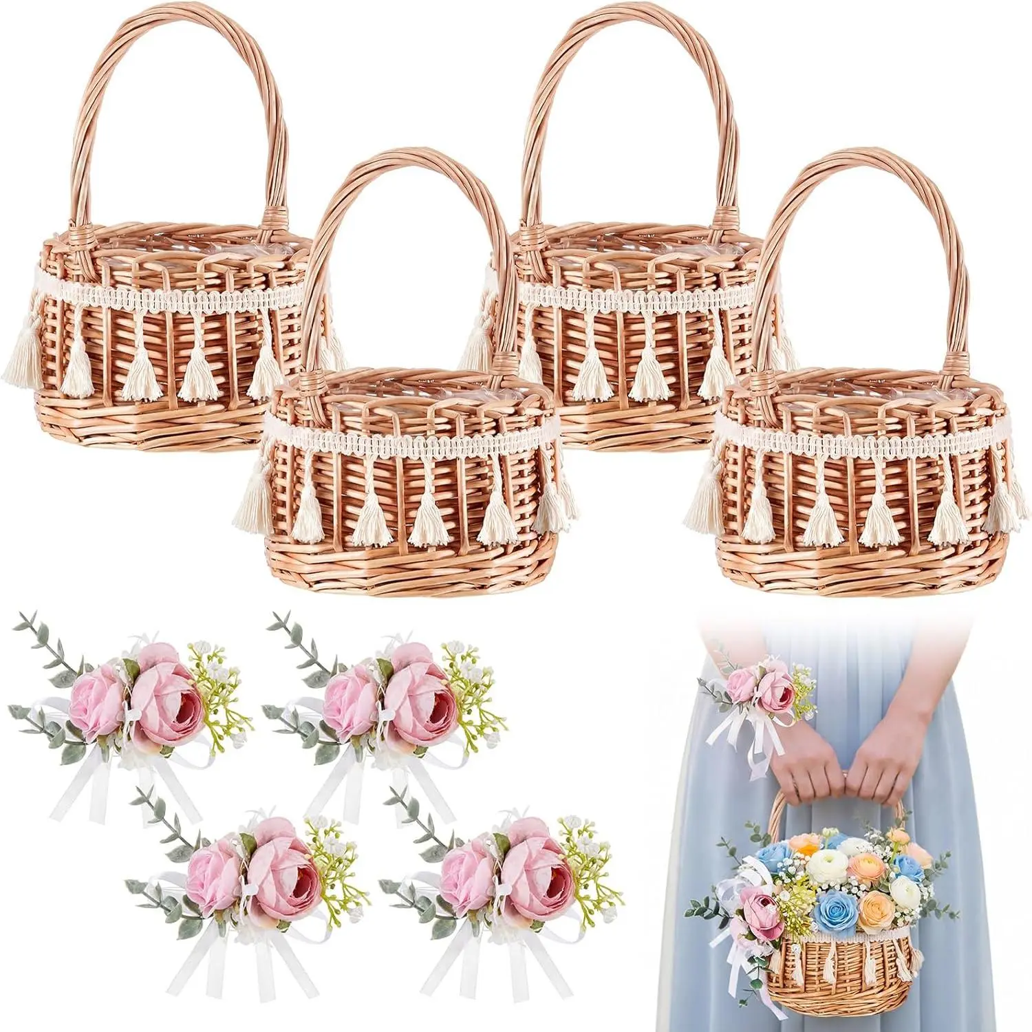 4 Pcs Rattan Woven Flower Basket with 4 Pcs Pink Wedding Wrist Corsage Small 5.12 x 8.27 Inch Rustic Wicker Floral Basket with Artificial Flowers and Handle for Home Wedding Birthday Decor