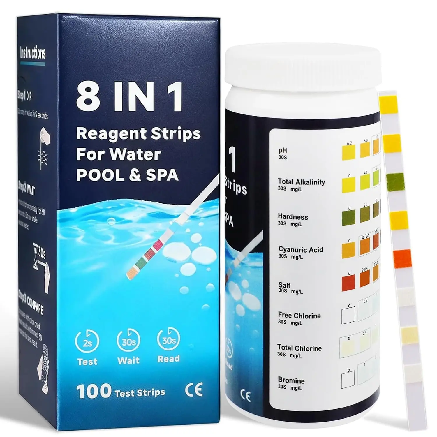 8-in-1 Pool and  Test Strips, 100 Count Water Testing Kit for Saltwater & Chlorine Pools - Tests pH, Salt, Free Chlorine, Bromine, Alkalinity, Hardness, Cyanuric Acid &  Chlorine