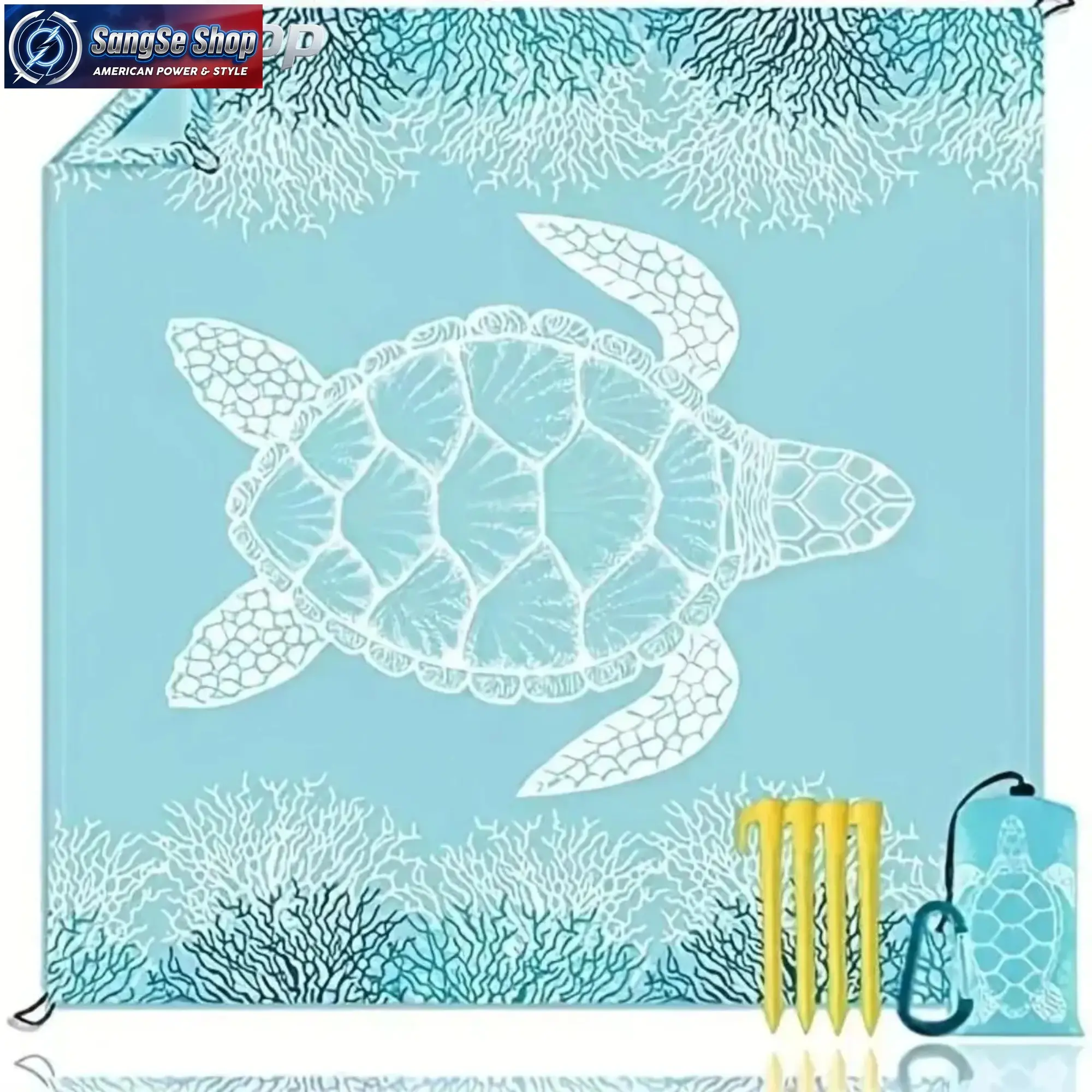 Durable Foldable Picnic Blanket for Beach Outings - Lightweight, Sand-Resistant Mat with Stakes, Includes Carabiner, Waterproof, Outdoor Sports, Unisex, Quick Dry, Portable, Turtle Pattern, Beach Trips