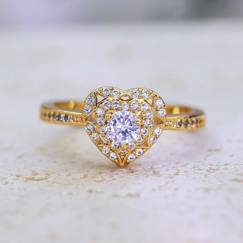 Heart Shaped Halo Promise Ring, Golden Tone Pave Band, Women's Bridal Statement Jewelry, Ideal Gift for Wedding Anniversary & Romantic Occasions