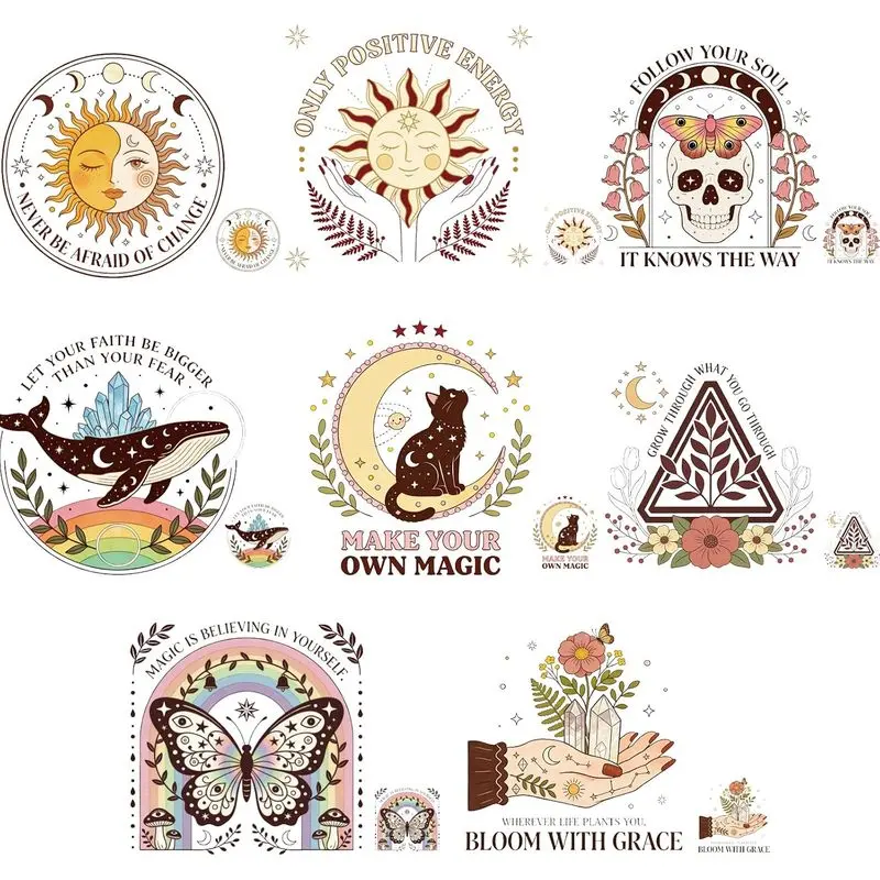 16pcs Mystery Iron On Transfers Sun and Moon Bohemia Heat Transfer Stickers Skeleton Heat Transfer Fantasy Iron On Patches for DIY Hoodies and Canvas Bags Colorful