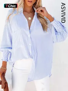 Women's Striped Print Button Front Frill Trim Raglan Sleeve Pocket Design Shirt Blouse, Casual Long Sleeve Shirred High Low Top for Spring & Fall, Ladies Clothes