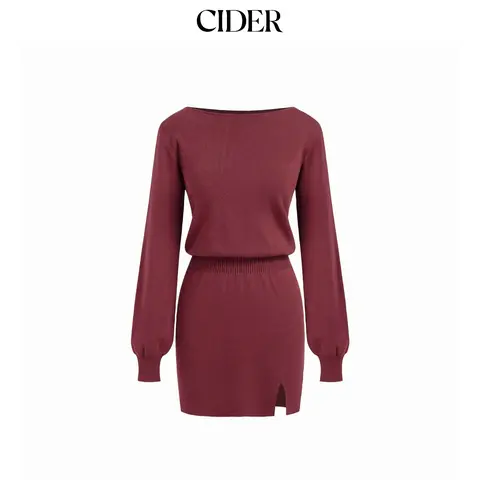 Cider Knit Boat Neck Long Sleeve Split Mini Dress