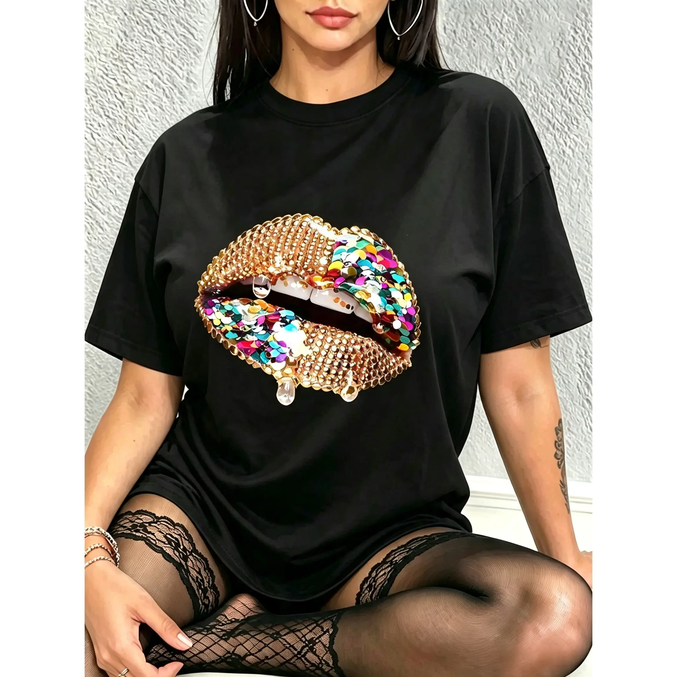 Women's Cotton Fabric Lip Print Round Neck Shortsleeve T-Shirt - Elegant Lady's Fitted Casual Streetwear Top for Daily, Holiday Use