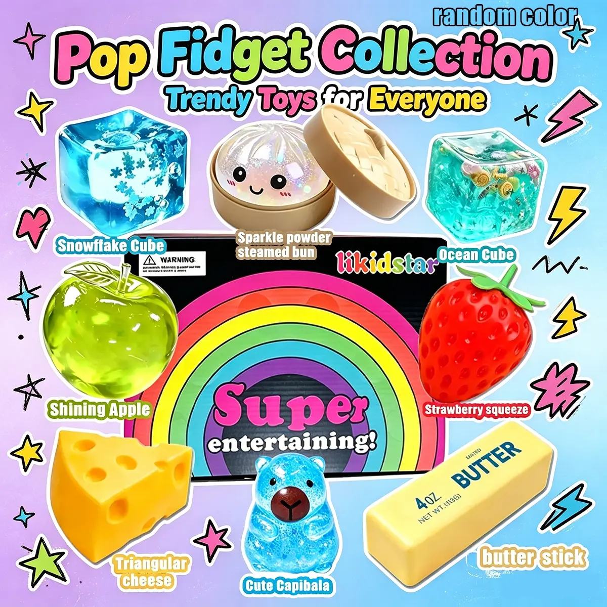 8 Pack Mixed Stress Relief Squishy Fidget Toy Set, Ice Cube Fruit Food Animal Glitter Squeeze Sensory Toys, Anti-Anxiety Calming Pinch Toys for Office Study Kids Relax Party Gift Pack