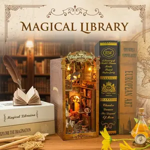 Magical Library 3D Book Nook Kit - DIY Wooden Miniature Bookshelf Insert, Dark Academia Home Decor Bookend, Aesthetic Bookish Gift
