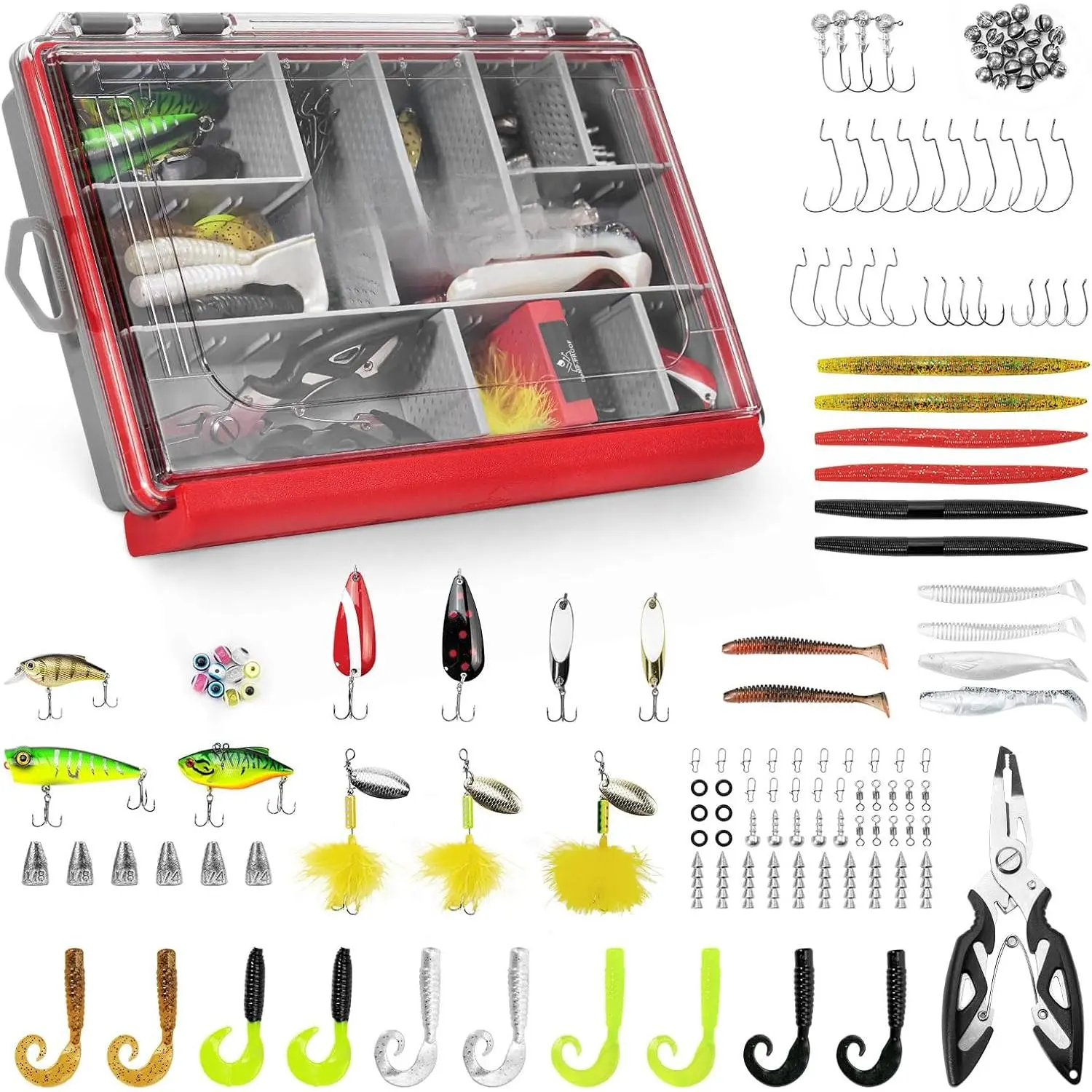 182/265/400pcs Compact Fishing Tackle Kit - All-in-One Freshwater Hooks, Weights, Bobbers in Tackle Box, Fishing Gear Set  Bass Trout Panfish New model