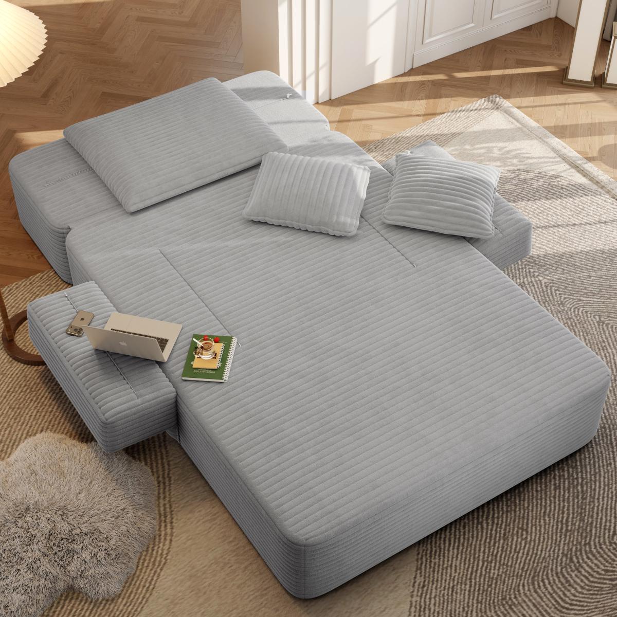 Luxurious Plush Corduroy Chaise Lounge with 3 Pillows, Convertible Sofa Bed with Storage Pocket, Frameless Design & Compression Foam for Small Spaces, Living Room, Apartment,Light Grey