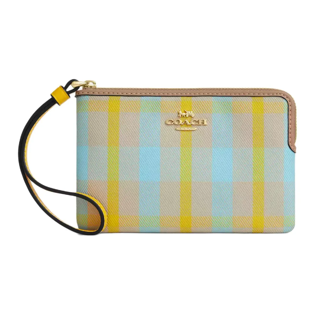 COACH Corner Zip 16 Wristlet Clutch Bag for Women – Patchwork Print, Metallic Logo, Bright Yellow