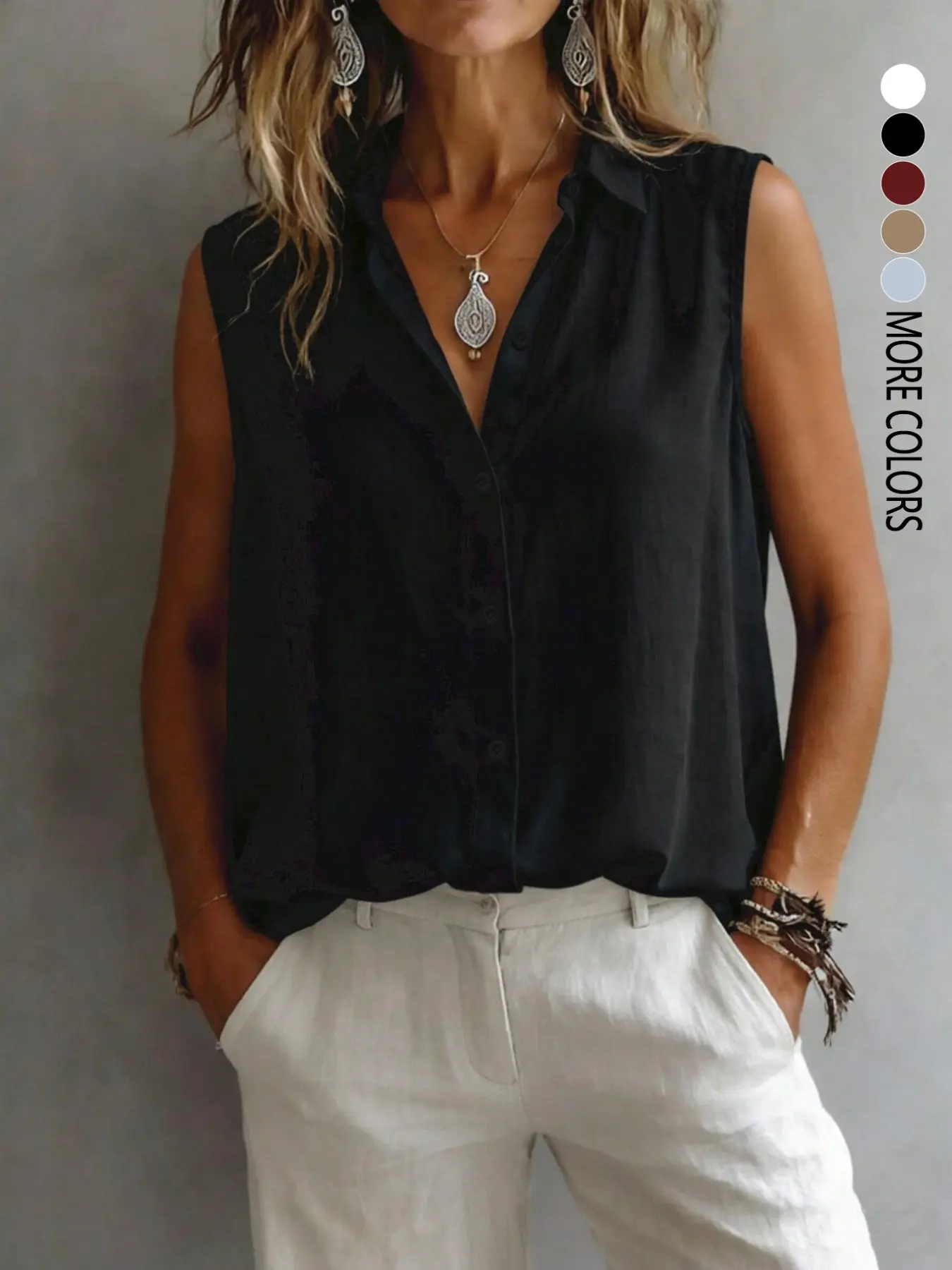 Women's solid color sleeveless collared shirt, Basic, casual, versatile, slimming, suitable for commuting, everyday wear, and dates, All Seasons Blouse