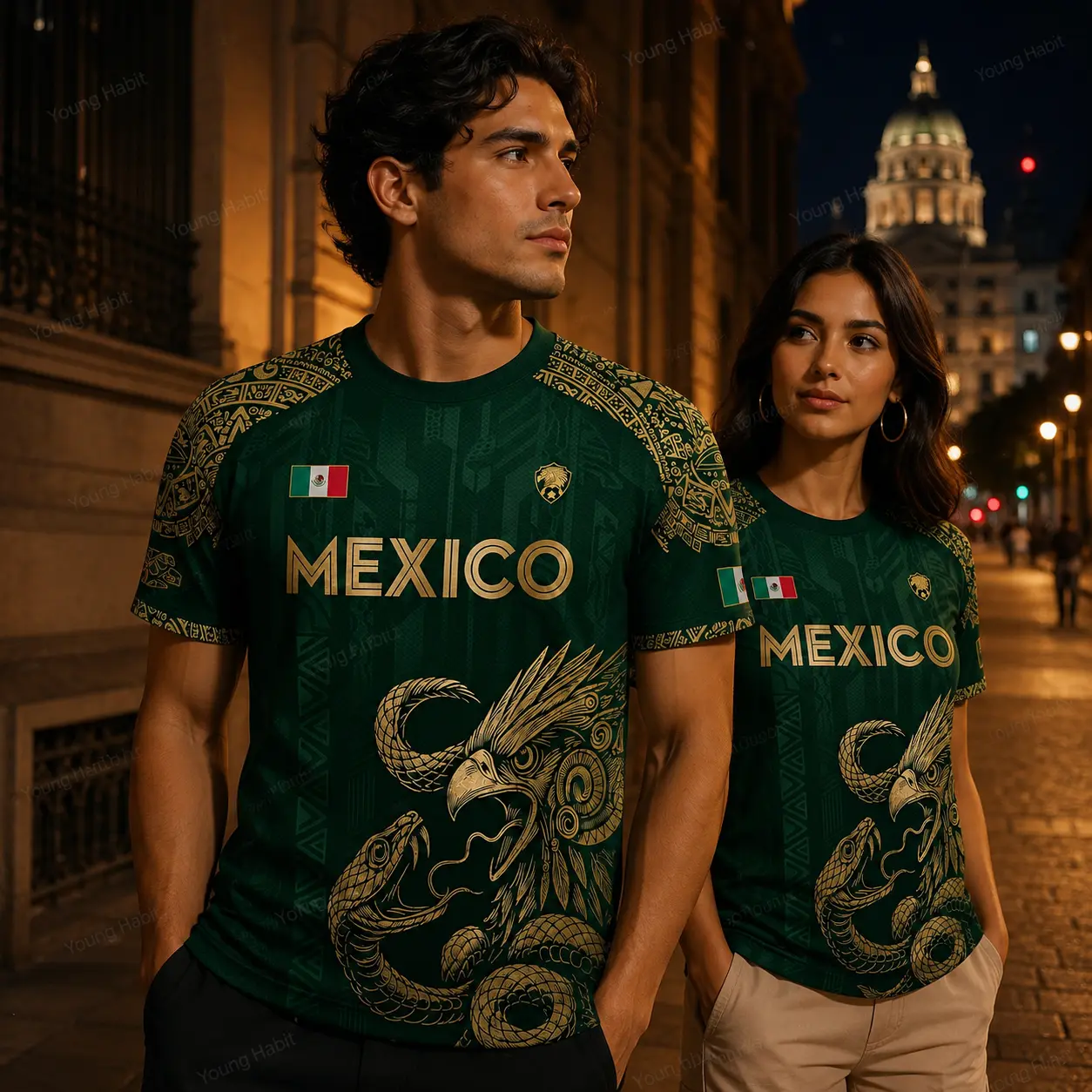 Mexico Graphic T-Shirt for Men Women, Green Gold Mexican Heritage Tee, Aztec Eagle Serpent Print Short Sleeve Shirt, Mexico Flag Crew Neck Top, Cinco de Mayo Outfit, Soccer Fan Streetwear, Summer Casual Travel Gift Shirt for Adults Unisex Graphic Top