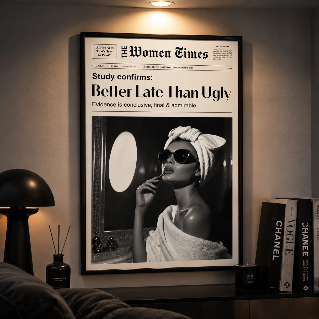 "Better Late Than Ugly" Art Poster, Dorm Fashion Wall Art, Canvas Print, Multiple Sizes Available, Apartment Decor, Ready to Hang fashion poster canvas wall art print funny quote funny bathroom wall art humorous bathroom decor