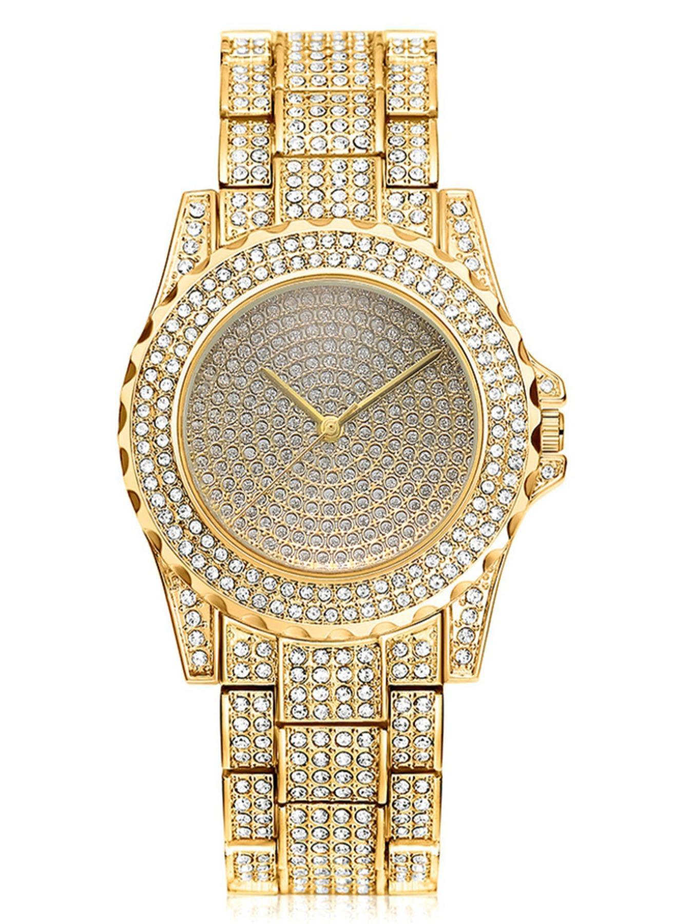 Men's Luxury Rhinestone Decorated Watch & Jewelry Set, Including Round Dial Analog Quartz Watch & Cuban Chain Bracelet & Necklace, Fashion Watch Set for Party, Daily Decor, Exquisite Watch Set for Gift