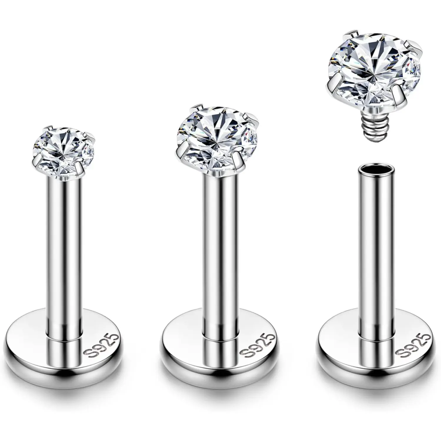 1pc 925 Sterling Silver Earrings, Labret Lip Studs, Tragus & Cartilage Piercing Studs, 2mm/3mm/4mm CZ Flat Back Earrings for Women & Men