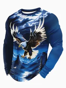 Men's Night Sky Eagle Full Print Gradient Blue Round Neck Long Sleeve Outdoor Casual T-Shirt, Loose-Fitting, All Seasons