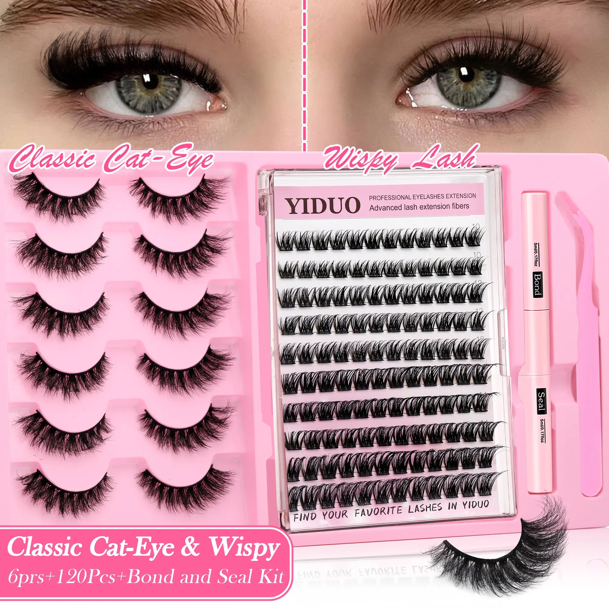YIDUO All-in-One Eyelash Extension Set – Voluminous Wispy & Cat Eye-Inspired Clusters, with Bond & Seal, Precision Tweezer, Includes Lash Tools – Easy DIY at Home – Lightweight Faux Mink Fibers for a Fluttery Look That Lasts All Day