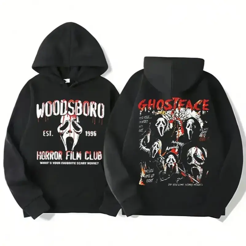 Ghostface Graphic Hoodie Horror Theme Spooky Print Casual Wear Halloween Scary Merch Pullover Men Women Streetwear Outfit for Horror Fans