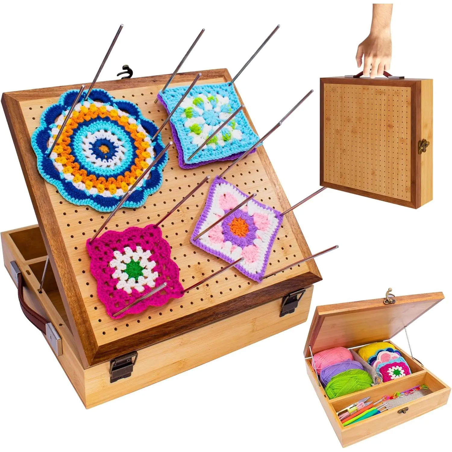 12'' Crochet Blocking Board - with Storage Drawer & 20 Pegs,  Granny Square Blocking Board for Crochet Projects, Ideal Crocheting Gifts for Crocheters