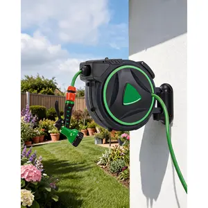 1/2" Heavy-Duty Retractable Garden Hose Reel - 65ft / 100ft, Wall-Mounted, Automatic Rewind, Any-Length Lock, 180° Swivel Bracket, Weatherproof Enclosed Storage for Outdoor Patios and Yards - Gray + Light Green