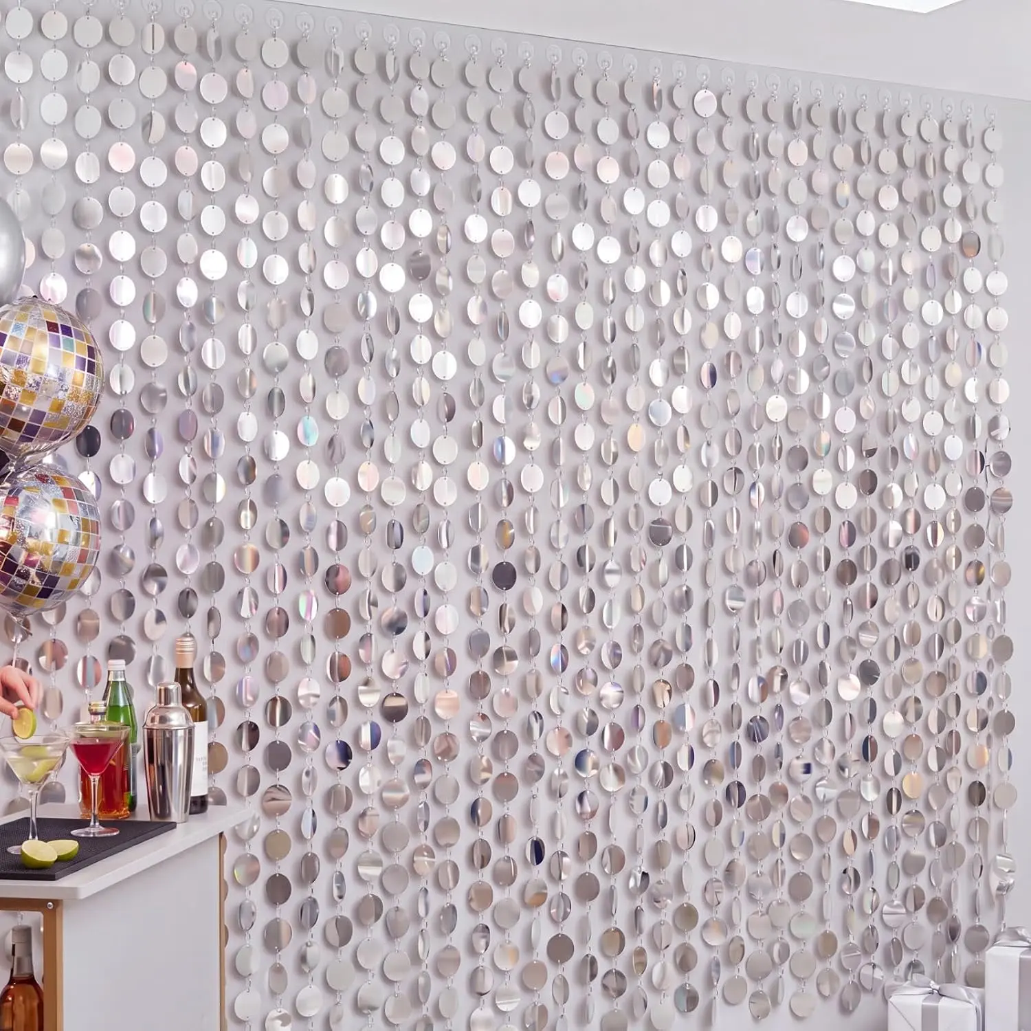 20 Packs Silver Shimmer Wall Backdrop Sequin Door String Curtains 78.7inch PVC Sequin Doorway Decor for Wedding Birthday Bachelorette Disco Decor