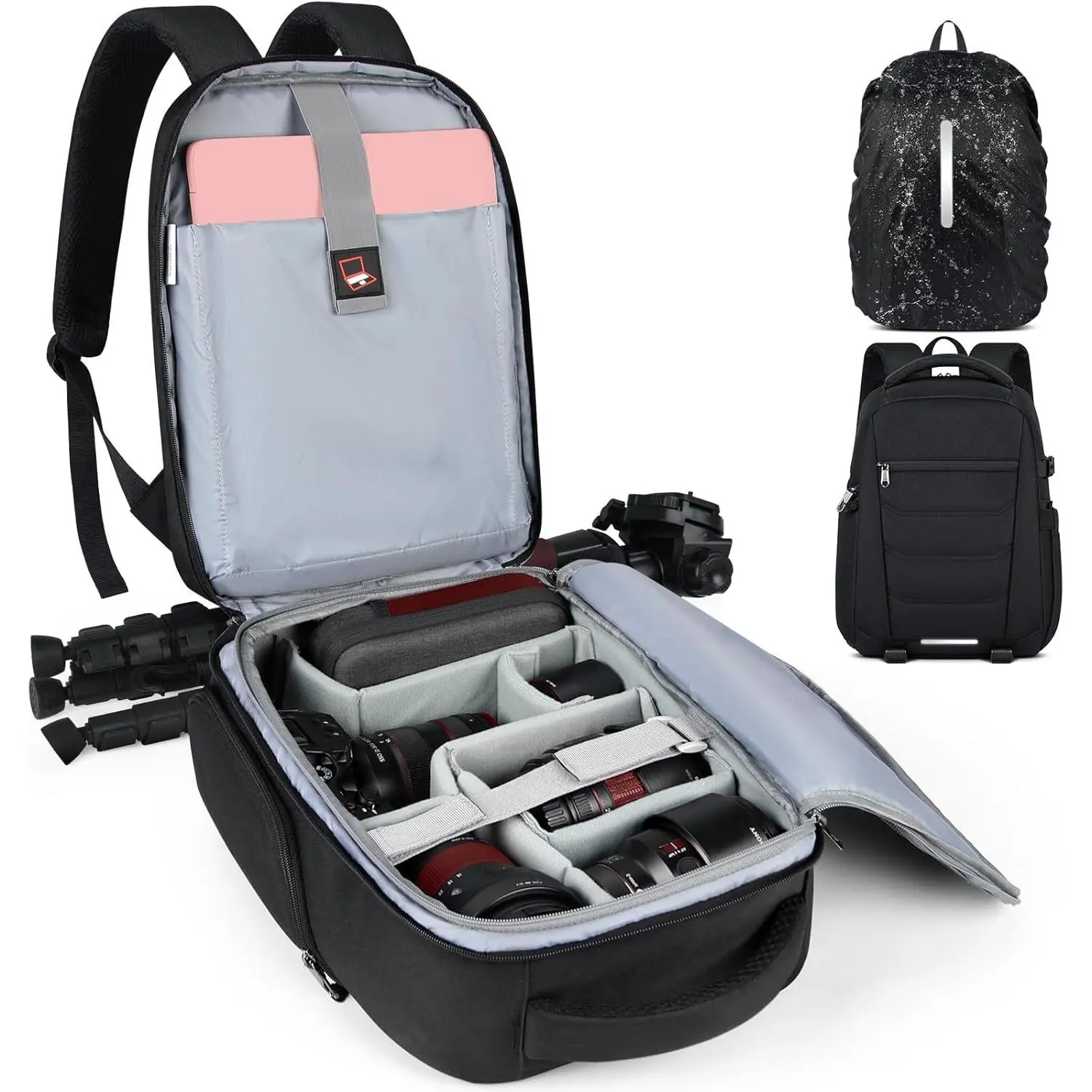 Professional Camera Bag Backpack for DSLR SLR Mirrorless, Waterproof Laptop Backpack 14 Inch with Rain Cover, Anti-Theft Travel Case, Large Capacity Photography Backpack, BlackGift