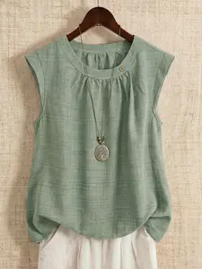 Elegant Summer Blouse for Plus Size Women, Round Neck Pleated Texture A-Line Sleeveless Fit Shirt, Chic Office Wear Top