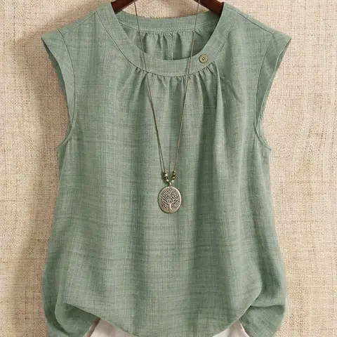 Plus Size Women's Elegant Sleeveless Blouse, Regular Fit Round Neck Shirt, Chic Office Wear, Summer Top, Pleated