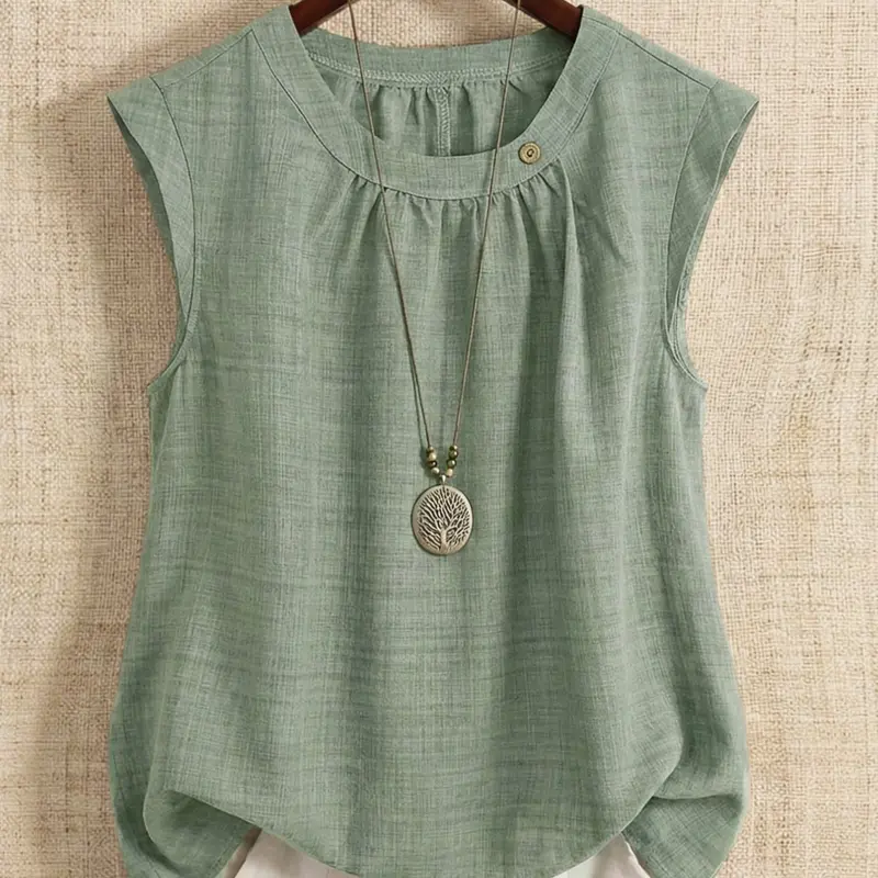 Plus Size Women's Elegant Sleeveless Blouse, Regular Fit Round Neck Shirt, Chic Office Wear, Summer Top, Pleated