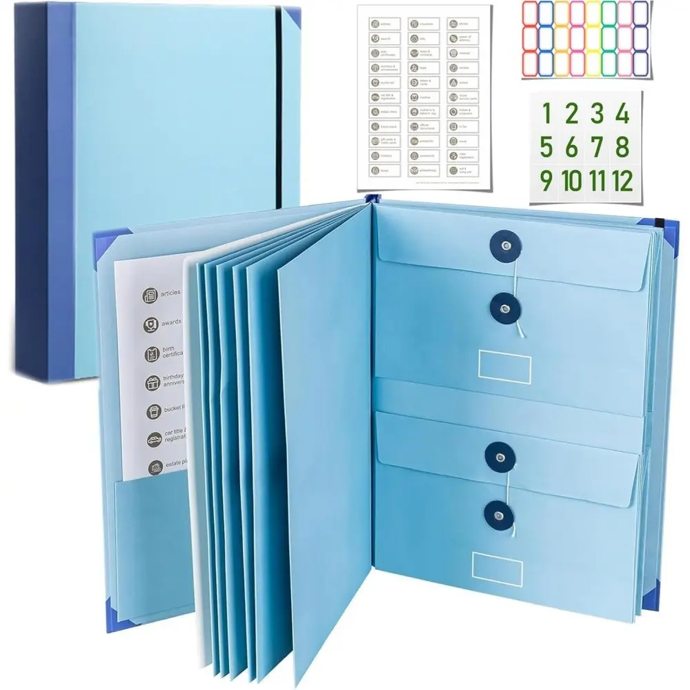 Thick Document Storage Box, Acid-Free File Organizer with 10 Pockets, Labelled Binder for Home Records, Legal, Medical Files, File Folder Box