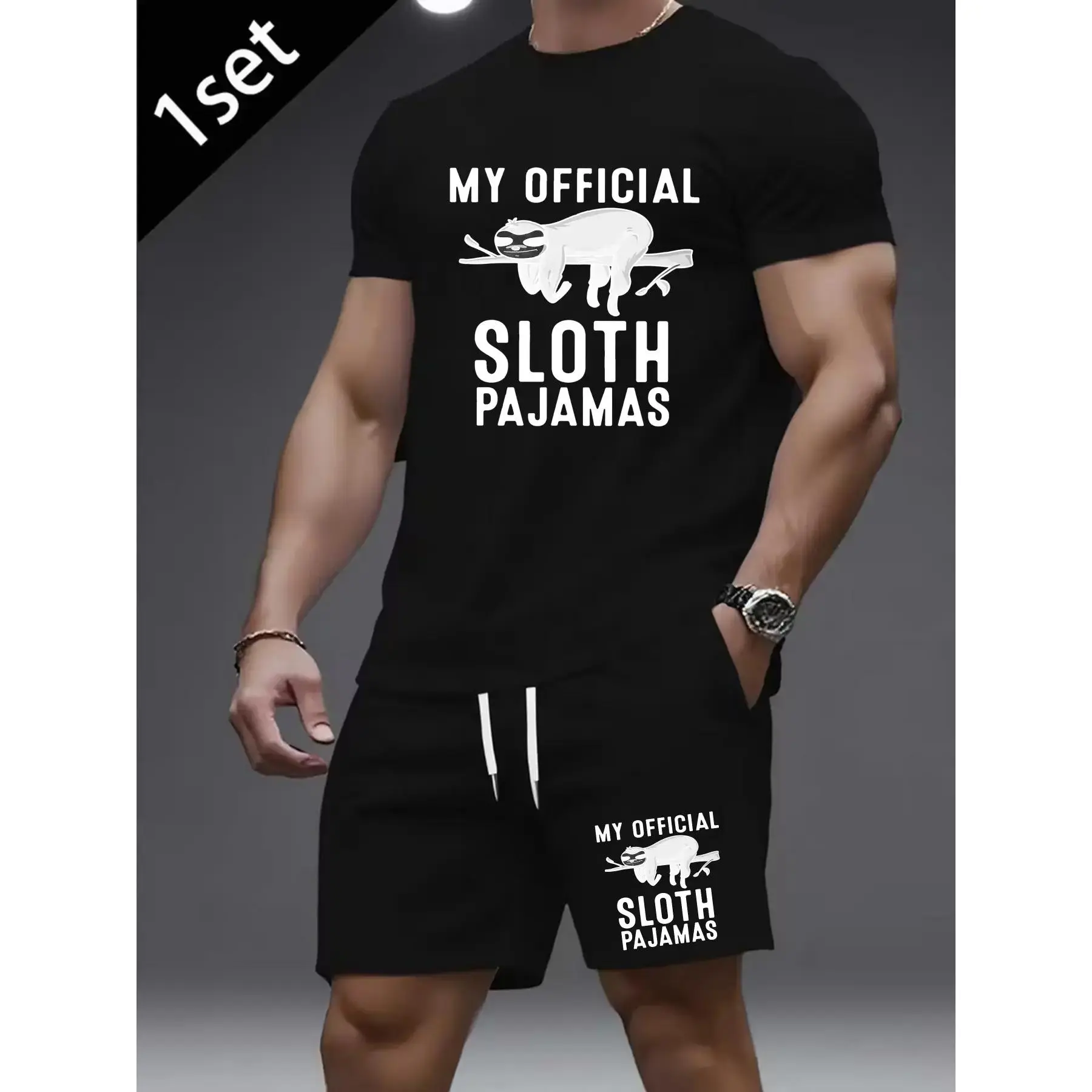 180gMen's T-shirt and Shorts Set with Sloth Print and "MY OFFICIAL SLOTH PAJAMAS" Lettering, Short Sleeve Loungewear Set for Casual Relaxation at Home.