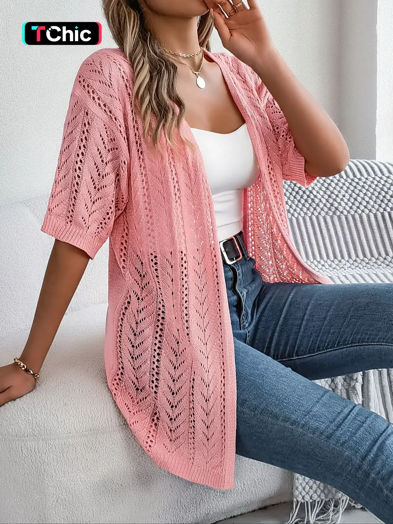 Spring Summer Casual Basic Plain Hollow Out Breathable Lightweight Short Sleeve Knitting Knitwear Cardigan, Fitted Half Sleeve Sun Protection Sweater for Women Womenswear Drop Shoulder Knitwear Knit Cardigan Top