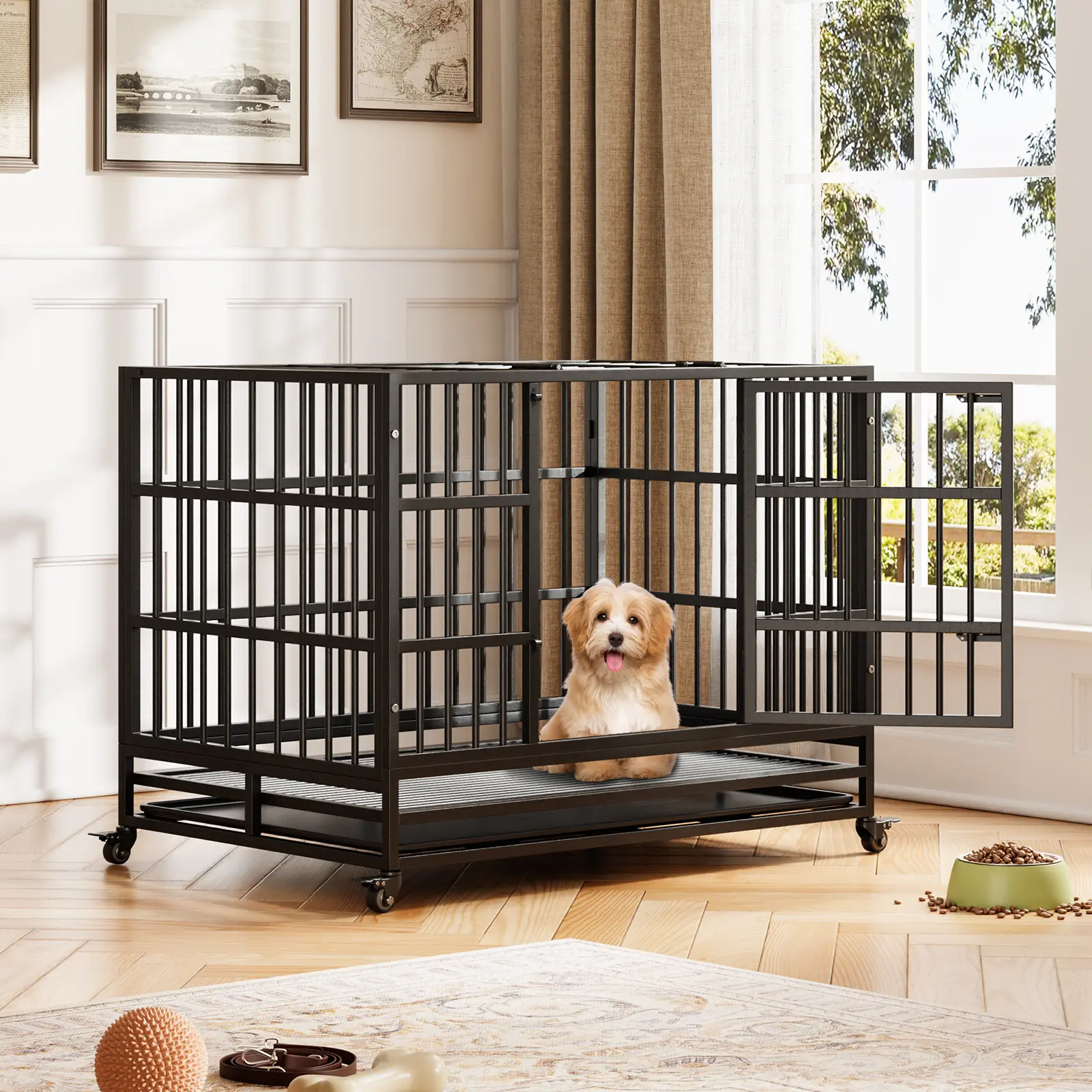 Heavy Duty Stackable Dog Crate – Double Doors, 360° Lockable Wheels, Removable Tray, Collapsible Steel Design, Secure Indoor Kennel, Easy to Clean & Assemble for Small/Medium/Large Dogs