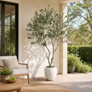 8FT ARCH Artificial Olive Tree in White Decorative Planter with Moss, Tall Faux Indoor Tree for Living Room, Covered Patio, Modern Luxury Fabric-Plastic Green Leaves, 1pc No-Maintenance Home Garden Decor