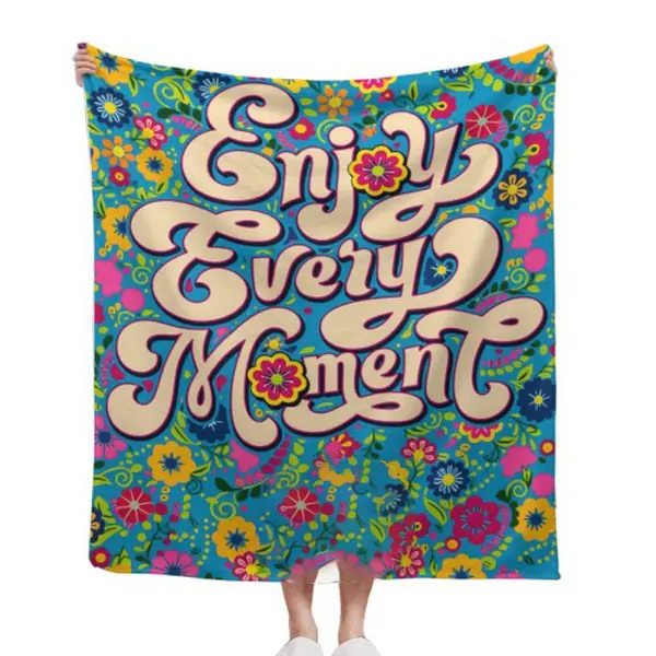 Turquoise Retro Groovy Floral Enjoy Every Moment Positive Hippie Typography Flannel Throw Blanket 70s Boho Vintage Flower Motivational Good Vibes Home Decor Comfort Blanket Inspirational Casual Gift 30*40in 40*50in 50*60in 60*80in US cooling blankets