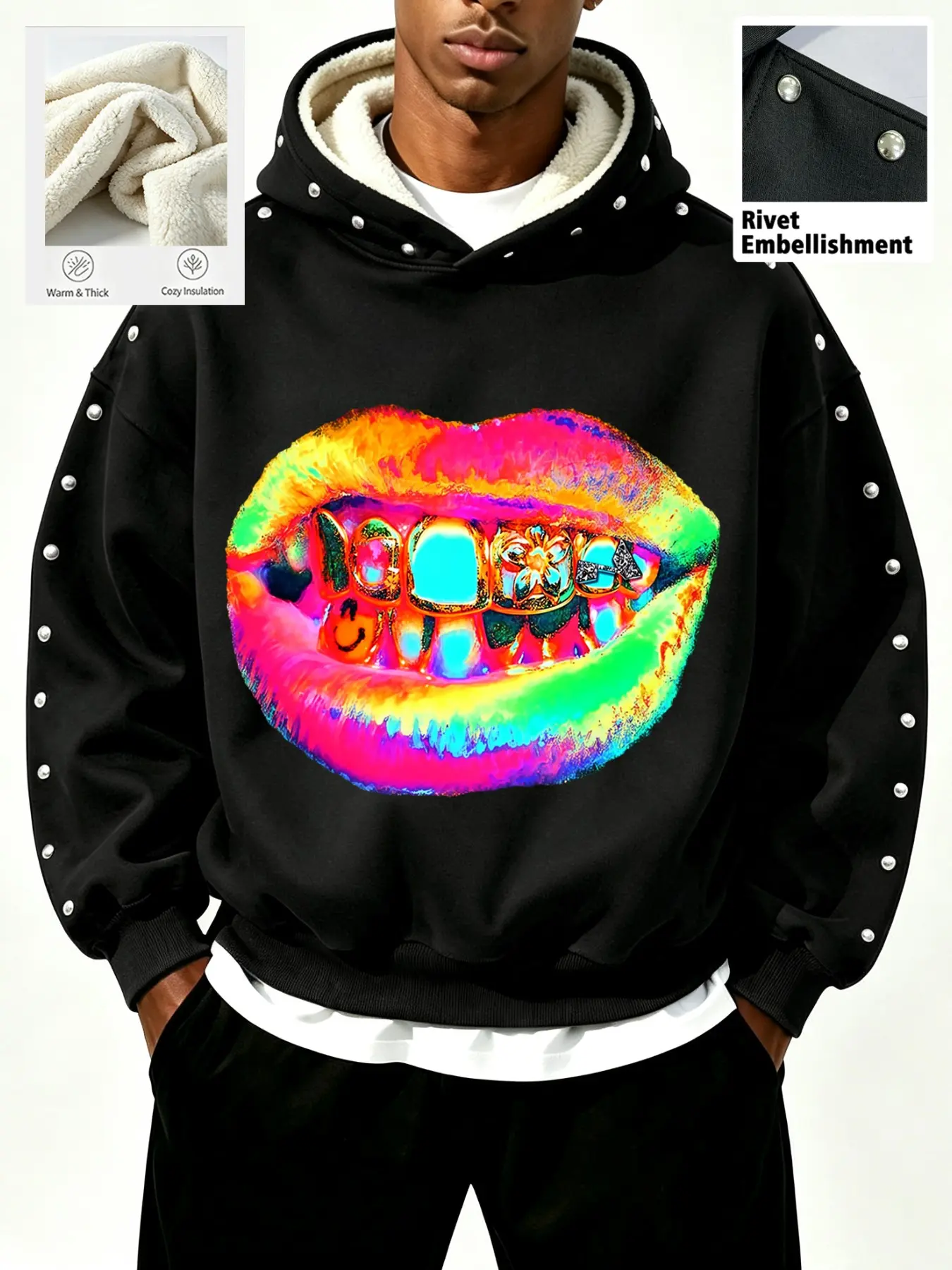 American Hip Hop Style Rivet Hoodie, Colorful Lip Print Fleece Lining Warm Top, Comfortable Fit, Unisex, Perfect for Fall Winter