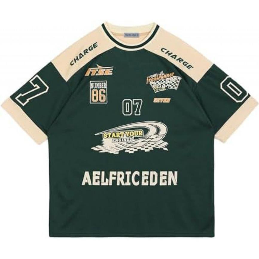 Aelfric Eden Contrast Color Racing Tee Knitted Fabric Streetwear For Men Y2k Vintage Motorsport Jersey Oversized Casual Top For Daily Wear Party Street Skateboarding Hip Hop For Young Adults Teens Street Style Lovers