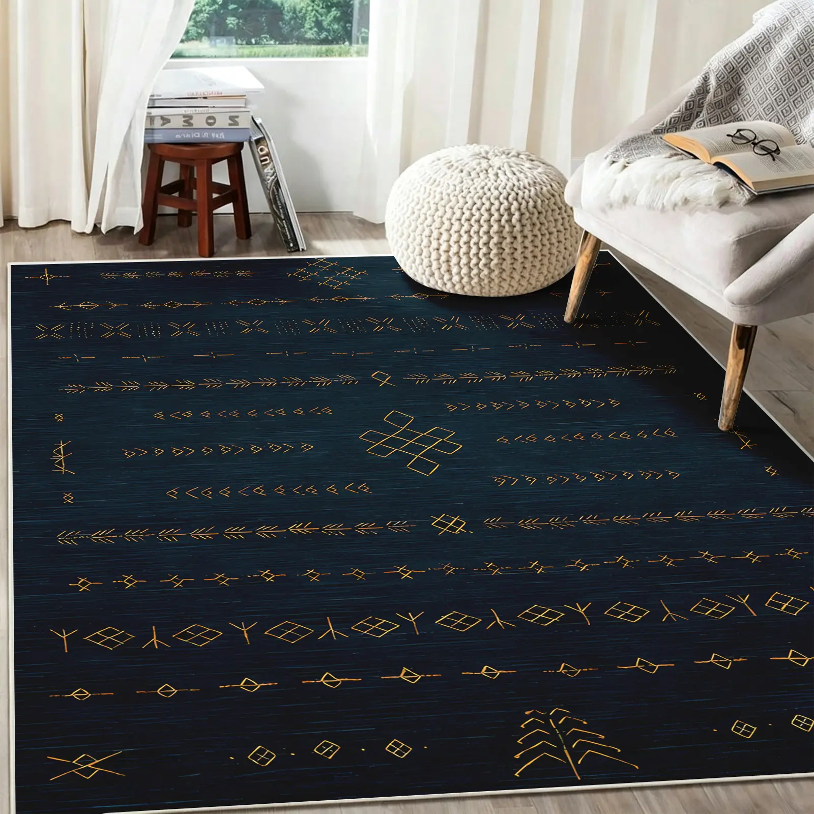 Midnight Blue Area Rug, Dark Navy Base with Mustard Yellow Minimalist Tribal Line Motif and Cross Accents, Non-Slip Washable Carpet, Soft Durable Floor Mat, Aesthetic Rugs for Living Room Bedroom Home Decor, 8 x 10 ft Area Rugs