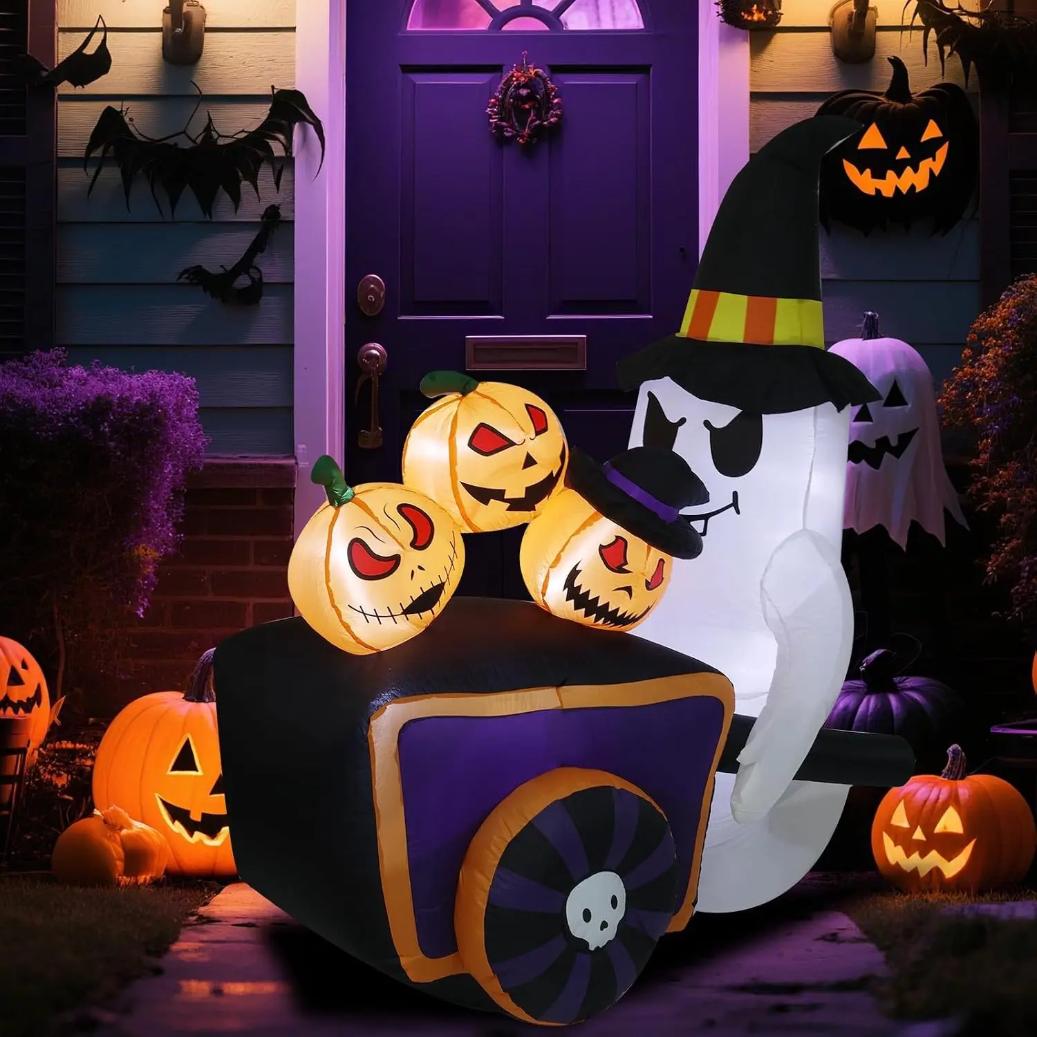 5.5FT Halloween Inflatable Ghost with Pumpkin Cart, LED Lighted Blow Up Yard Decoration, Cute Witch Hat Ghost Outdoor Decor for Front Yard, Lawn, Porch, Garden, Halloween Party & Trick or Treat