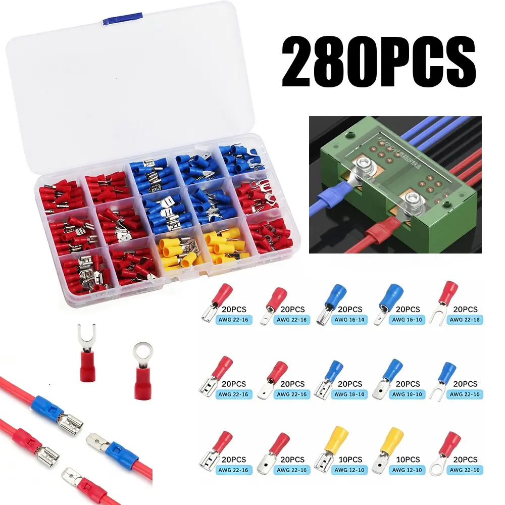 280pcs Male Female Fork Crimp Terminal Wire Connector Set, Brass Connectors with Storage Box, Reliable Electrical Connections, Ideal for DIY Projects