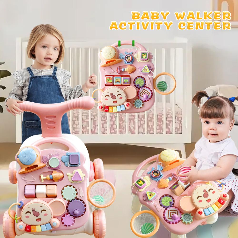 Baby Sit-to-Stand Learning Walker 3 in 1 for Girls Boys Educational Push Walkers with Activity Table Music Toy Gift Pink
