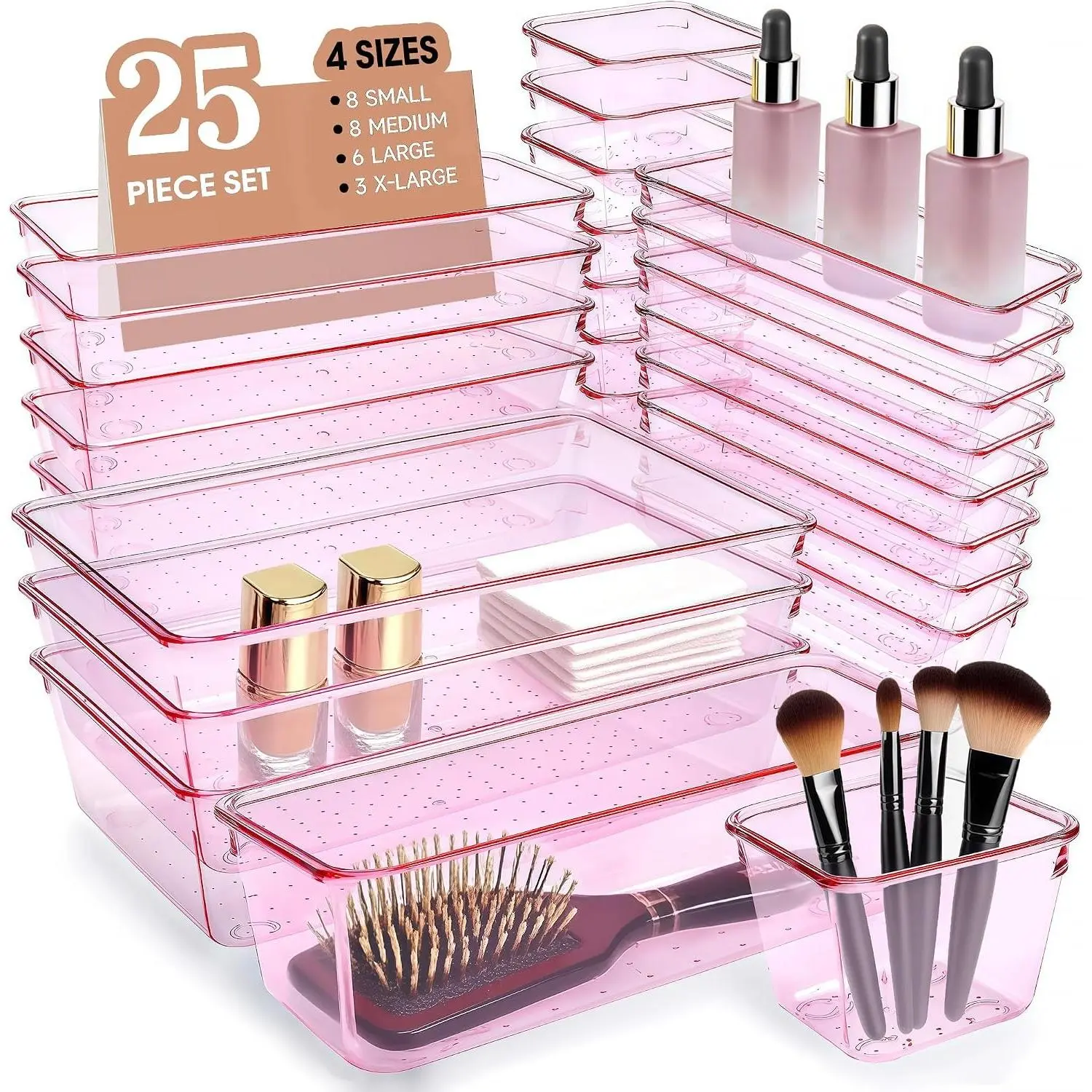 Kitchen Desk Drawer Organizers Storage for Office, Small Acrylic Vanity Trays Makeup Organizer for Drawer Bathroom Plastic Make up Organizers 25 Pcs PinkGift