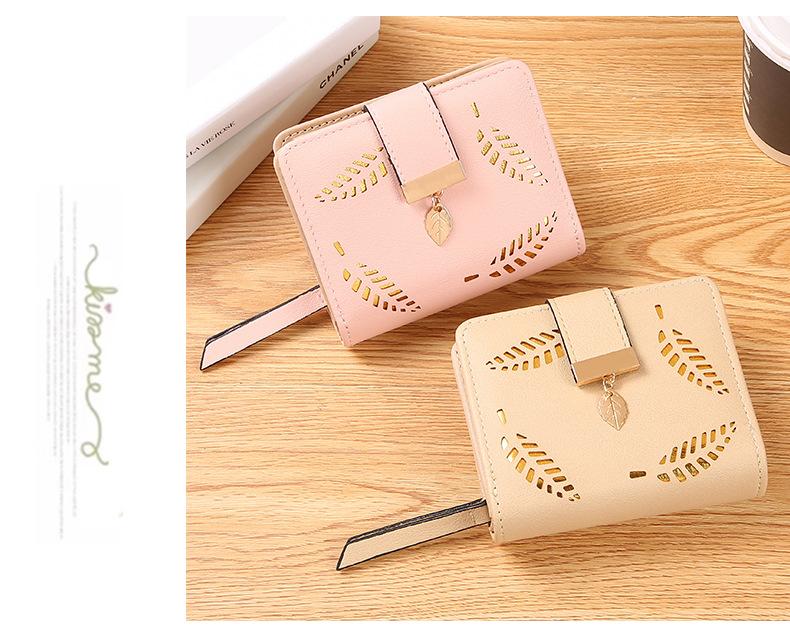 Leaf Short Wallet for Women Korean Style Hollowed Out Fashion Trend Change Zipper Card Bag PUCortical Embossed Leather Daily Matching