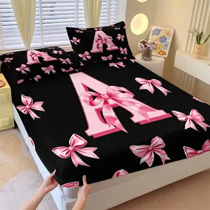 3-Piece Coquette Girly Pink Bow Initial A Print Fitted Sheet Set, Includes 2 Coreless Pillowcases, Soft Comfortable Durable Deep Pocket Design, Trendy Girly for Teen Girls Bedroom Dorm, Gift for Initial Bow Pattern Lovers