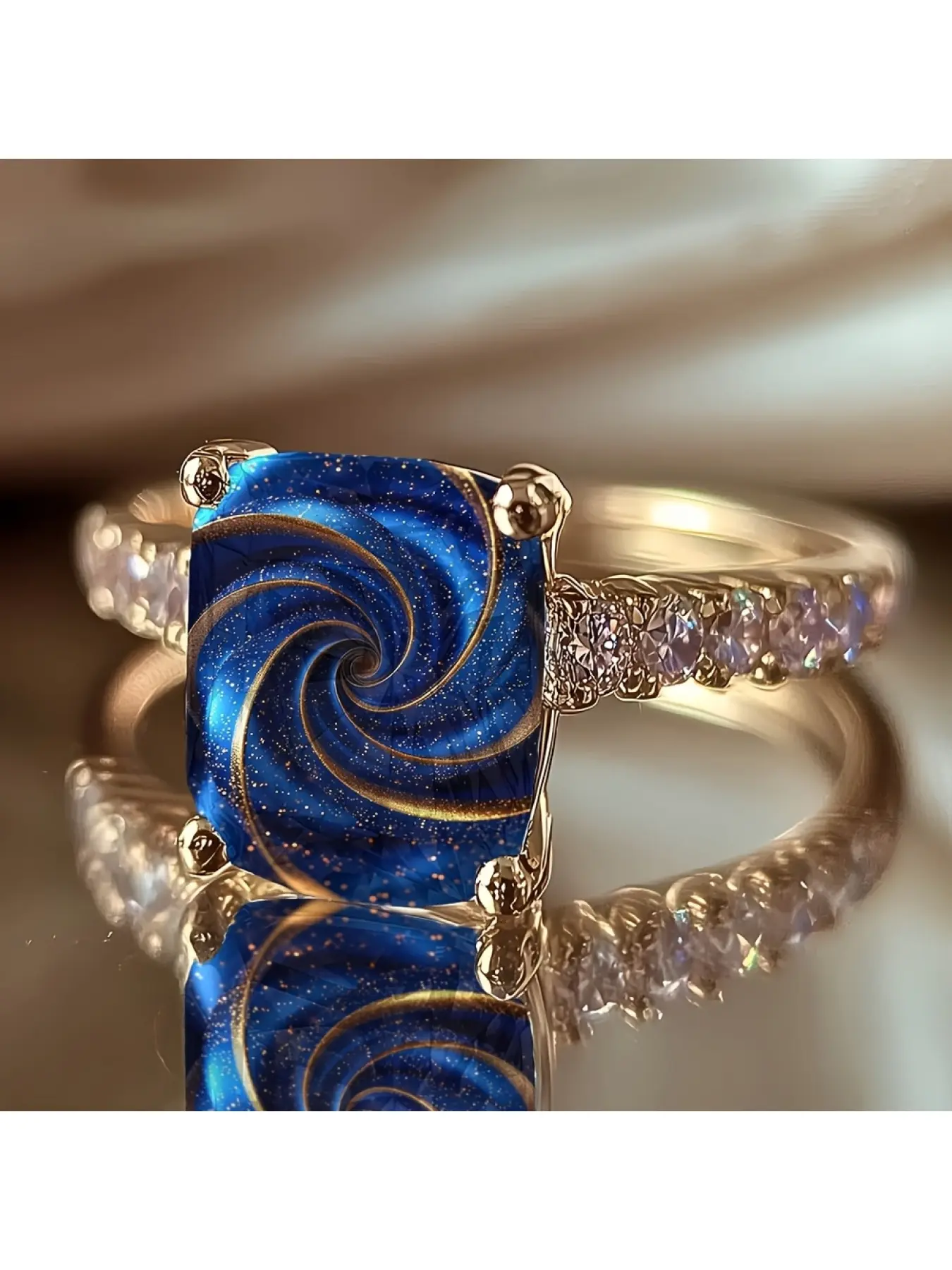 Gilded Whirlpool Starry Sky Square Ring, with a deep blue base covered in fine starlight, a romantic galactic whirlpool art scene, full of atmosphere, a niche and delicate decorative jewelry for daily gifting