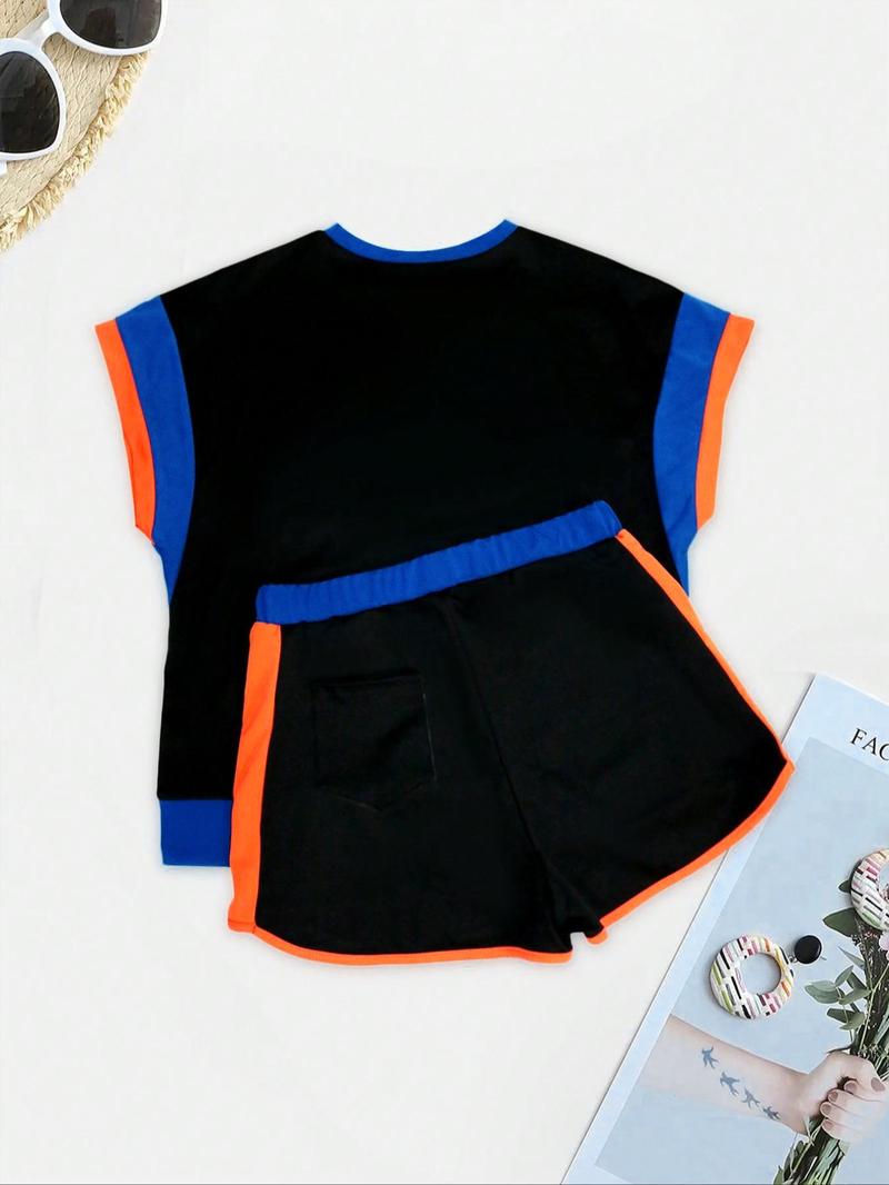 Women's Patchwork Print Short Sleeve Tee & Shorts Two-piece Set, Casual Round Neck T-shirt & Shorts for Daily Wear, Ladies Summer Clothes