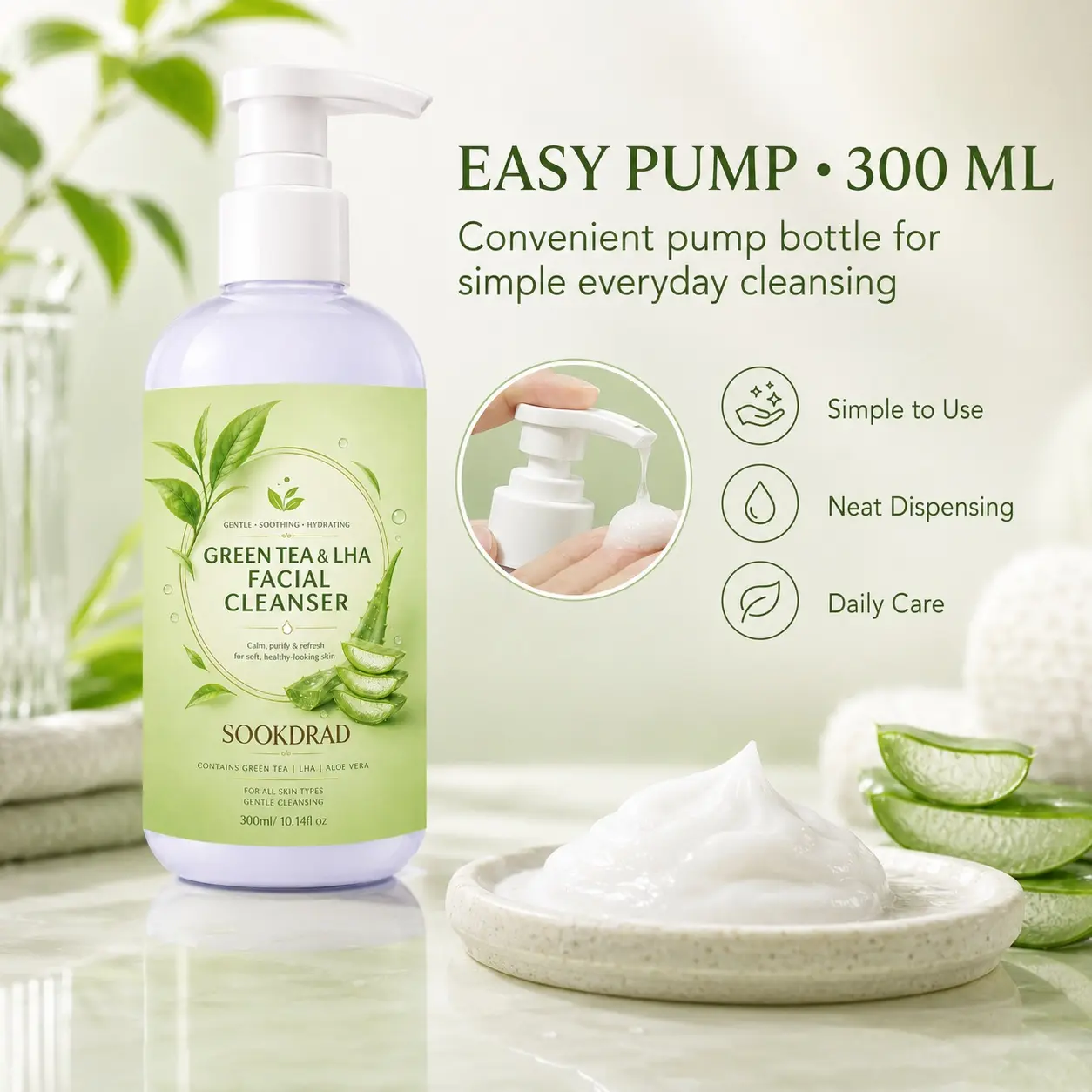 Green Tea LHA Facial Cleanser, contains Green Tea, LHA, Aloe Vera, gentle, soothing, hydrating, calming, purifying, refreshing, for facial use, all skin types, 10.14fl oz, 300ml
