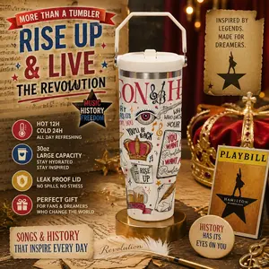 1 Pc 30oz Broadway Musical Inspired Text Print, Hamilton Style Theater Quote Design, Double Wall Vacuum Insulated Mug, Leak Proof Lid, Keeps Drinks Hot 12H Cold 24H, Large Capacity Handle Tumbler, Christmas Birthday Holiday Gift for Music Lovers