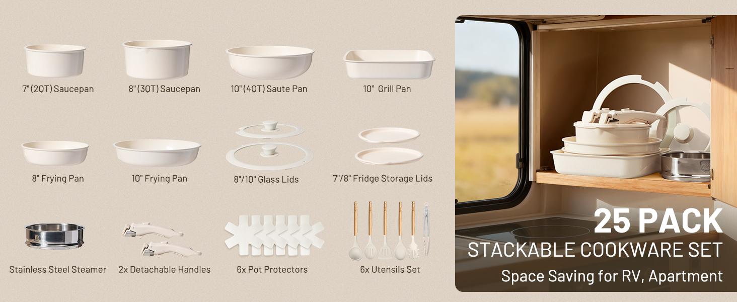 Nonstick Pots and Pans Set - Ceramic Cookware Set with Detachable Handle - 25 Pack Healthy Pans Set for Cooking - Stackable for RV Kitchen, Induction Ready - Dishwasher and Oven Safe