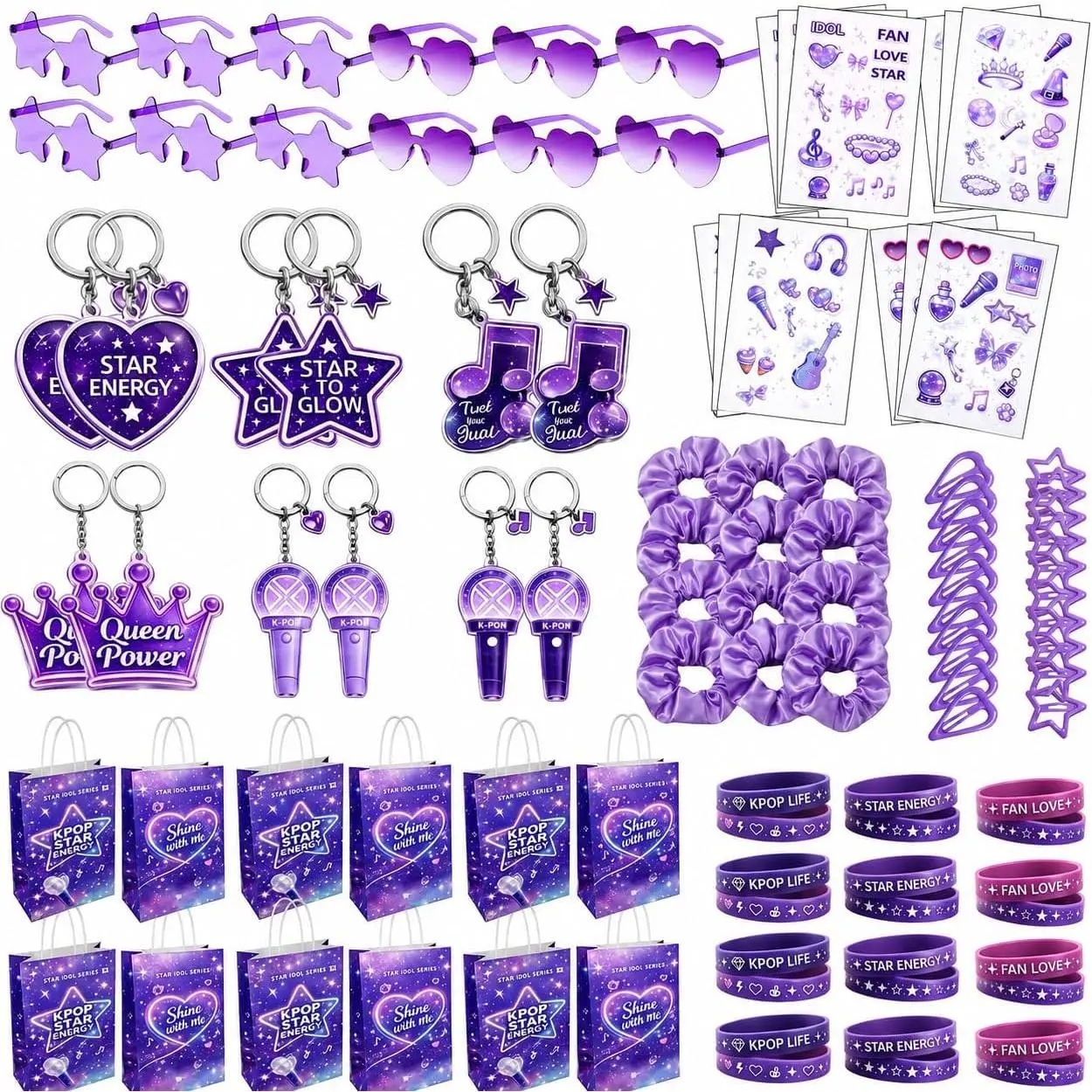 12 Sets Kpop Party Favors with Keychain Charms, Gift Bags, Party Glasses, Wristbands or Bracelets, Hair Clips, Scrunchies, Kpop Birthday Decorations (Purple – Wristbands)